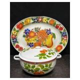 VINTAGE ENAMELWARE FRUIT PATTERN COVERED