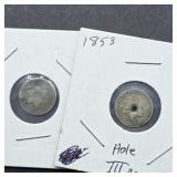 2- US 3 CENT SILVER COINS 1853 &
