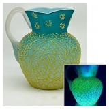 Repaired Vintage Uranium Glass Pitcher Teal &