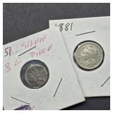 1851 & 1881 US 3 CENT COINS