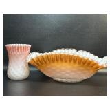 Vintage Cased Quilted Art Glass Bowl & Vase chips
