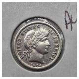 1904 BARBER SILVER DIME AU