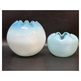 2 Vintage Blue Art Glass Rose Bowls