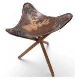 Vtg Tooled Leather Tripod Chair Whitetail Deer