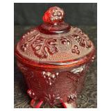 RED GLASS COVERED , FOOTED CANDY DISH