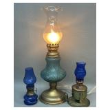 2 Miniature Cobalt Blue Oil Lamps & Electric