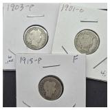1901 O, 1903 & 1915 BARBER SILVER DIMES