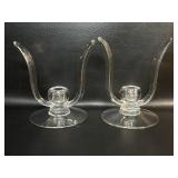 Pair Cambridge Glass Leaf Shape Candle Holders