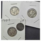 1844 SEATED LIBERTY SILVER DIME, 1931 D MERCURY,