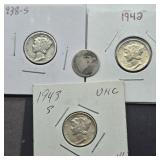 1938 S, 1942 & 1943 S MERCURY SILVER DIMES &