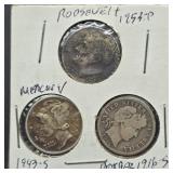 3 SILVER DIMES: 1916 S BARBER. 1943 S MERCURY &