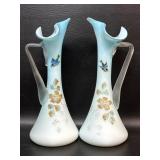 2 Victorian Blue Cased Satin Glass Ewers / Vases