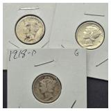 1917 S, 1917 & 1918 D MERCURY SILVER DIMES