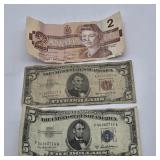 $5 US SILVER CERTIFICATE, $5 1953 RED NOTE & $2
