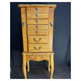 WOOD JEWELRY ARMOIRE, FULL OF COSTUME JEWELRY