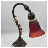 Art Nouveau Style Floral Desk Lamp w/ Red Shade