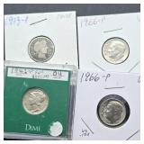 1913 BARBER SILVER DIME, 1942 FULL BELL LINE