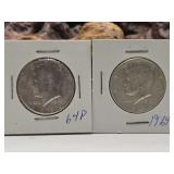 Two 1964 Silver Kennedy Half Dollars