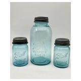 3 BLUE BALL PERFECT MASON JARS W/ ZINC LIDS 2 W/