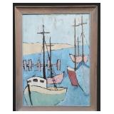 Vtg Oil Painting on Board Boats at Harbor