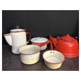VINTAGE RED & WHITE ENAMELWARE COFFEE POT & 3