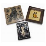 Vtg Owl Decor TileTrivet Straw Needlepoint