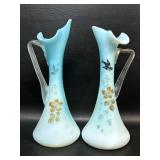 Pair Victorian Cased Glass Blue Ewer / Vases Hand