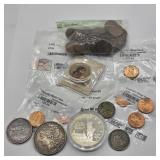 VARIOUS COINS: 1889 MORGAN SILVER DOLLAR, 1853