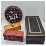 OLD METAL BOX WITH 2 WOOD PUZZLE BOXES & ROOTBEER