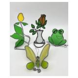 STAINED GLASS BUTTERFLY, FLOWER POT, FROG &