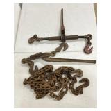 2 CHAIN BOOMS & 12 FT. CHAIN W/ GOOD HOOKS & 1