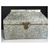 Vintage Embossed Metal Clad Wooden Casket Hinged