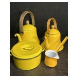 VINTAGE YELLOW ENAMELWARE 2 TEA KETTLES, COVERED