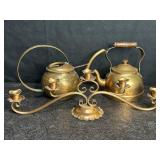 BRASS CANDELABRA, TEA POT/KETTLE & WATERING CAN