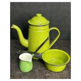 VINTAGE GREEN ENAMELWARE TEA POT, HANDLED POT &