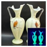 Pair Victorian Cased Uranium Glass Pitcher Vases