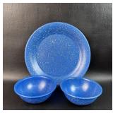2 Blue Enamelware Bowls w/ 1 Plate