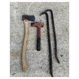 2 CROWBARS, SINGLE BIT AXE & SLEDGE HAMMER WEDGE
