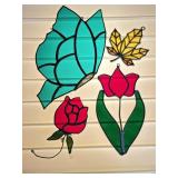 STAINED GLASS BUTTERFLY, FLOWERS & LEAF SUN