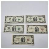 2- $2 RED NOTES & 3- $2 US FEDERAL NOTES