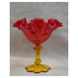 Vintage UV Reactive Amberina Ruffled Compote