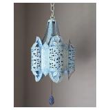 Vintage Blue Tone Pierced Metal Swag Lamp