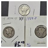 3 SILVER MERCURY DIMES 1929, 1935 S & 1945