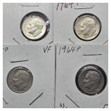 4- 1964 SILVER ROOSEVELT DIMES