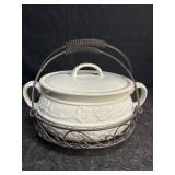 STONEWARE BEAN POT COVERED CASSEROLE IN METAL