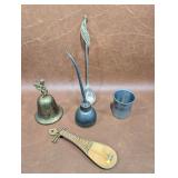 Brass Bell, Thimble Pewter Shot Cup, Oil Can+