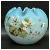 Vintage Blue Cased Glass Rose Bowl Hand Painted.
