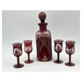 Czech Bohemian Ruby Red Pinch Decanter & 4