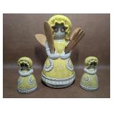 Vtg Ceramic Burlap Doll Kitchen Utensil Holder