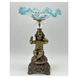 Brass Tone Cherub Base Compote w/ Blue Ruffle